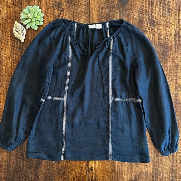 St. Tropez West | 100% Linen Black Peasant Top with Tie Neckline - Picture 1 of 5
